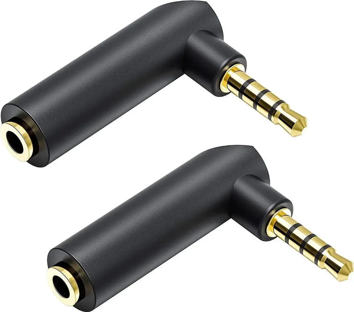 Two small right-angle 3.5 mm TRRS adapters with gold-plated connectors
