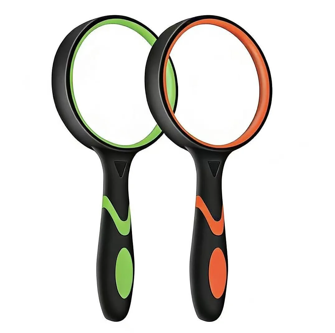 Two green rubber-grip handheld magnifiers with glass lenses