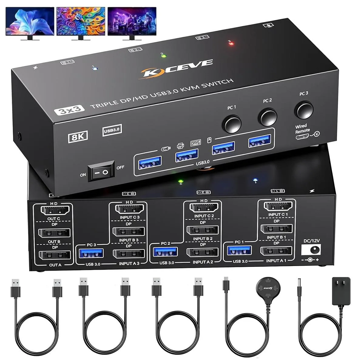 IHDAPP IHDAPP KVM Switch 3 Monitors 3 Computers 8K@60Hz HDMI 2.1 2×DP 1.4 4 USB 3.0 Wired Remote — product photo