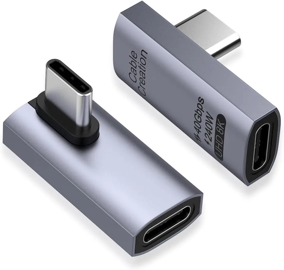 Two matte black USB-C right-angle adapters with angled connectors
