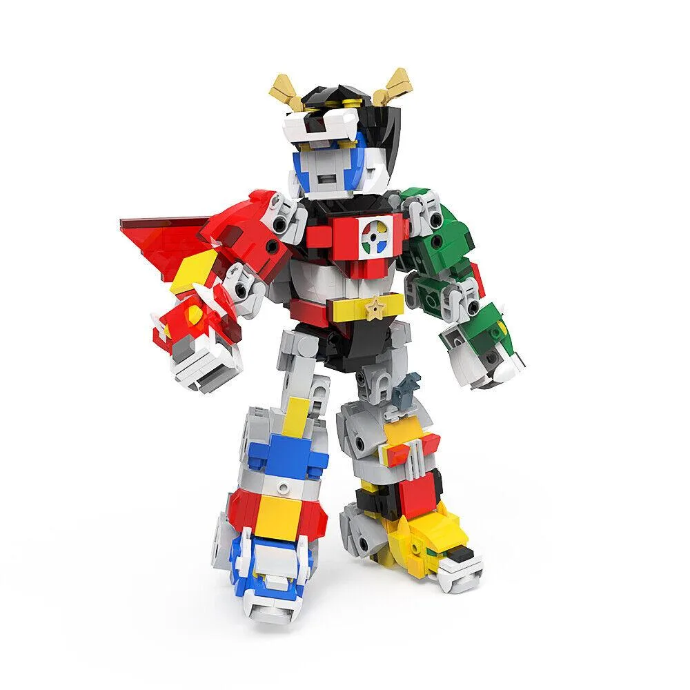 Colorful plastic mecha robot built from 712 interlocking bricks