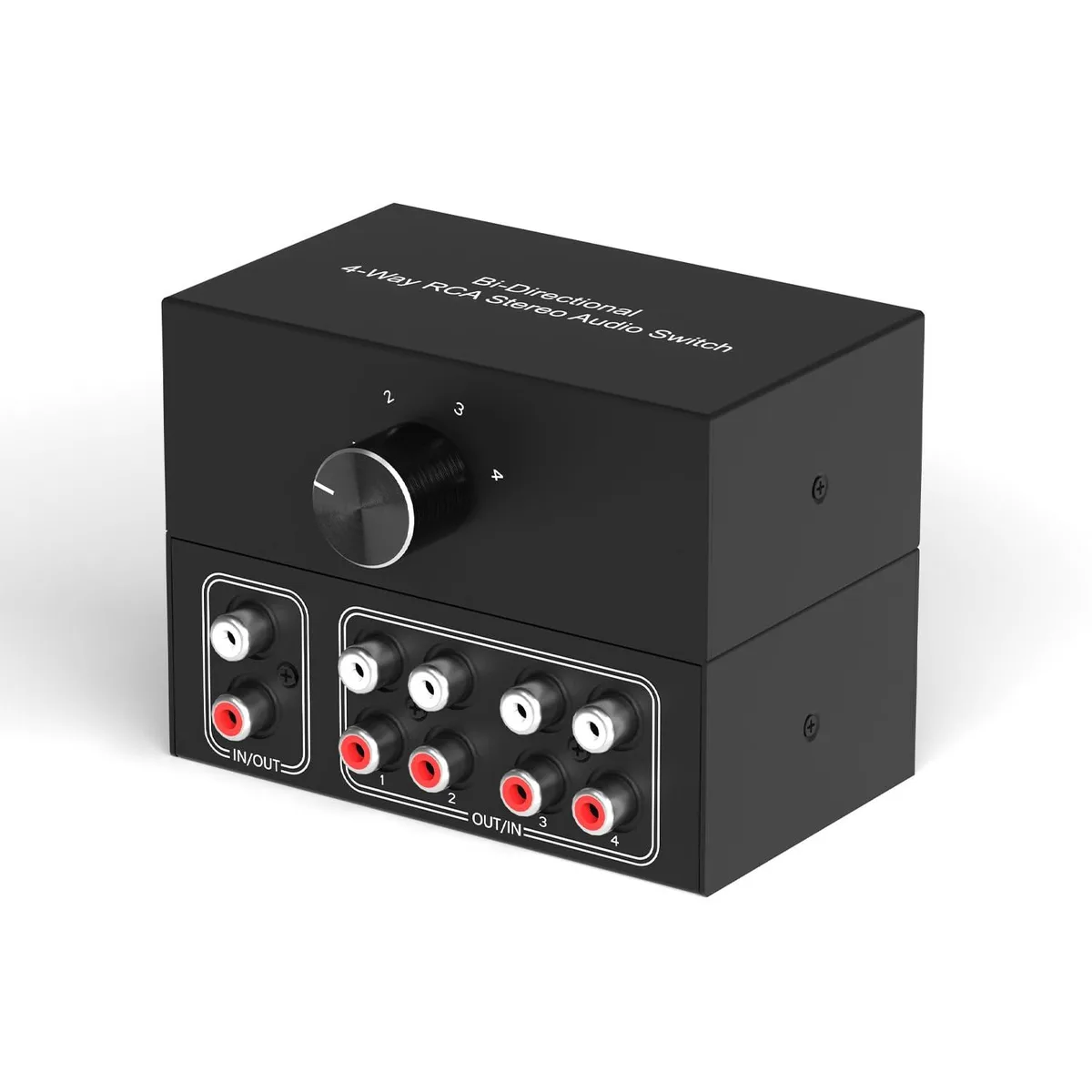  BYTECC 4-Way Stereo Audio Selector Bi-Directional L/R Switcher Box 4in1out 1in4out RCA Passive Black — product photo