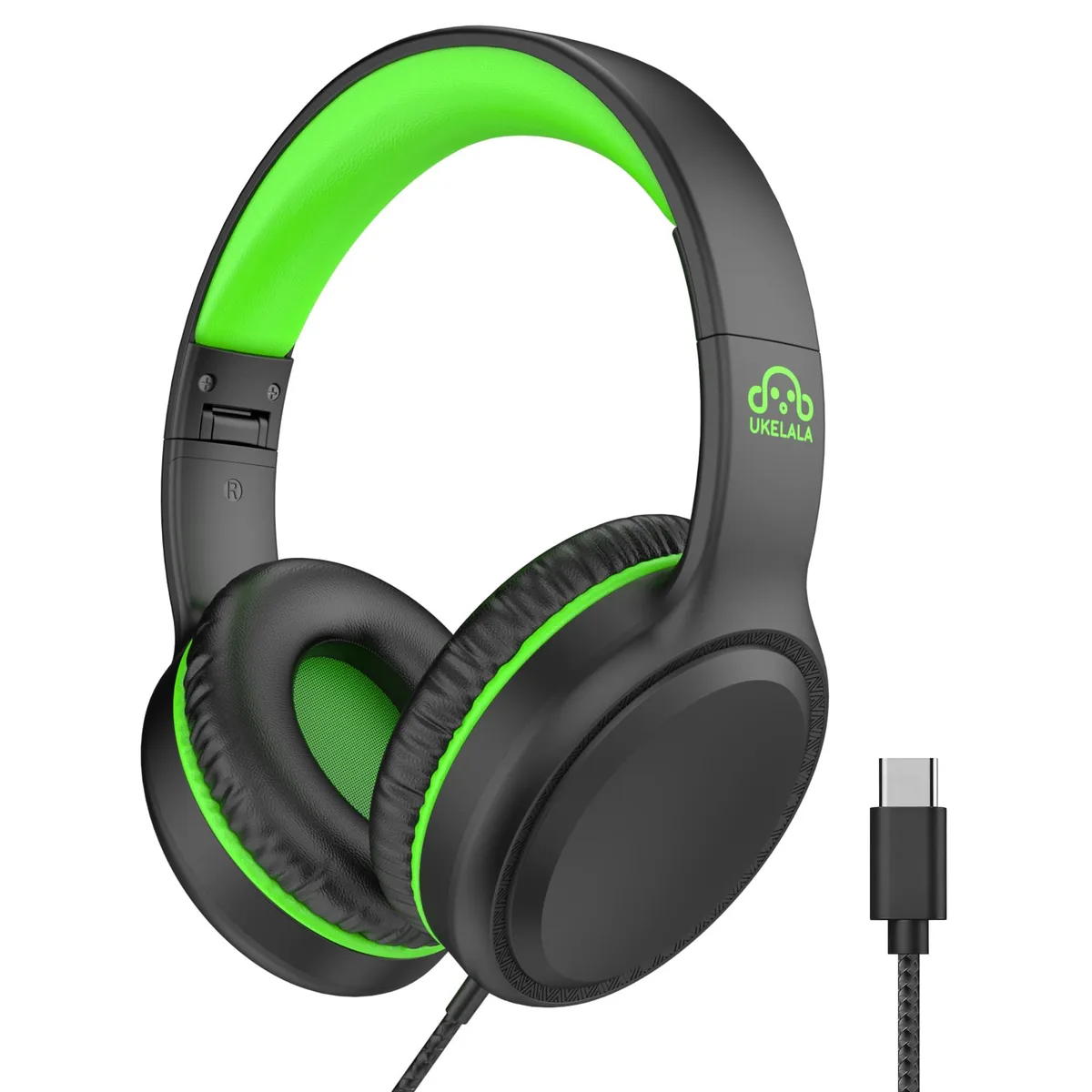  UKELALA U2C-Green USB-C Wired On-Ear Headphones Black/Green 40mm 1.5m — product photo