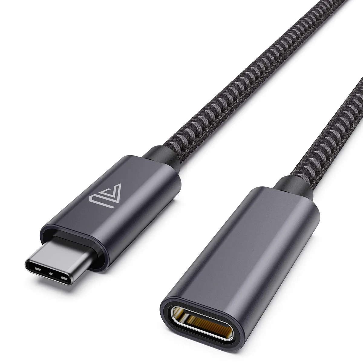 Grey USB-C male-to-female extension cable, braided nylon, aluminium connectors