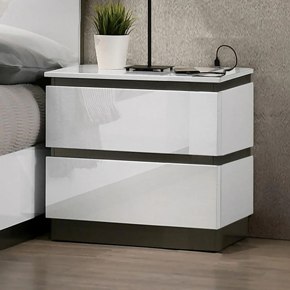 tuphen tuphen Contemporary Nightstand White High Gloss Metallic Accents USB Port Bedroom Furniture — product photo