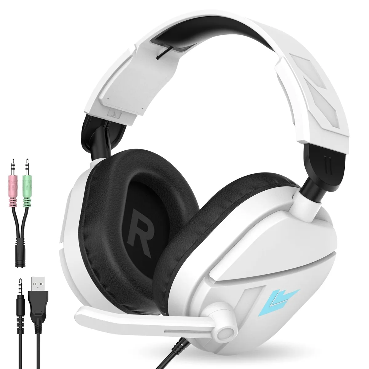 White over-ear wired gaming headset with RGB lighting and flexible microphone