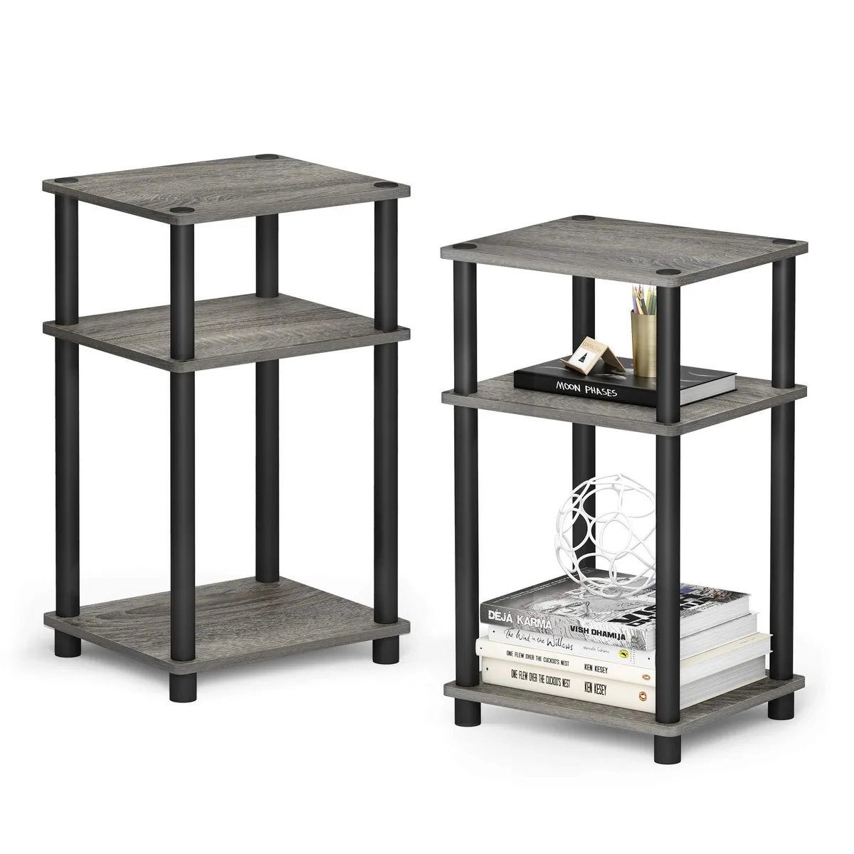 Two black three-tier end tables with open shelves and rounded corners