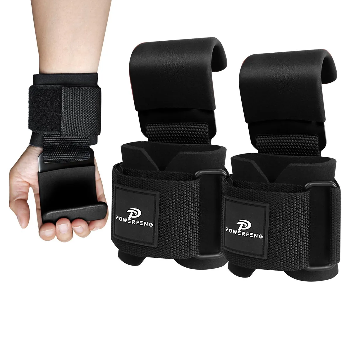 Black nylon and neoprene lifting hooks with steel hooks and padded wrist straps