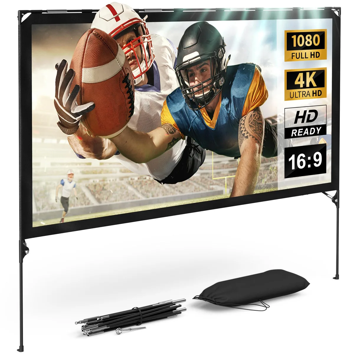 White 80-inch projector screen on collapsible metal stand with black backing, carry bag visible