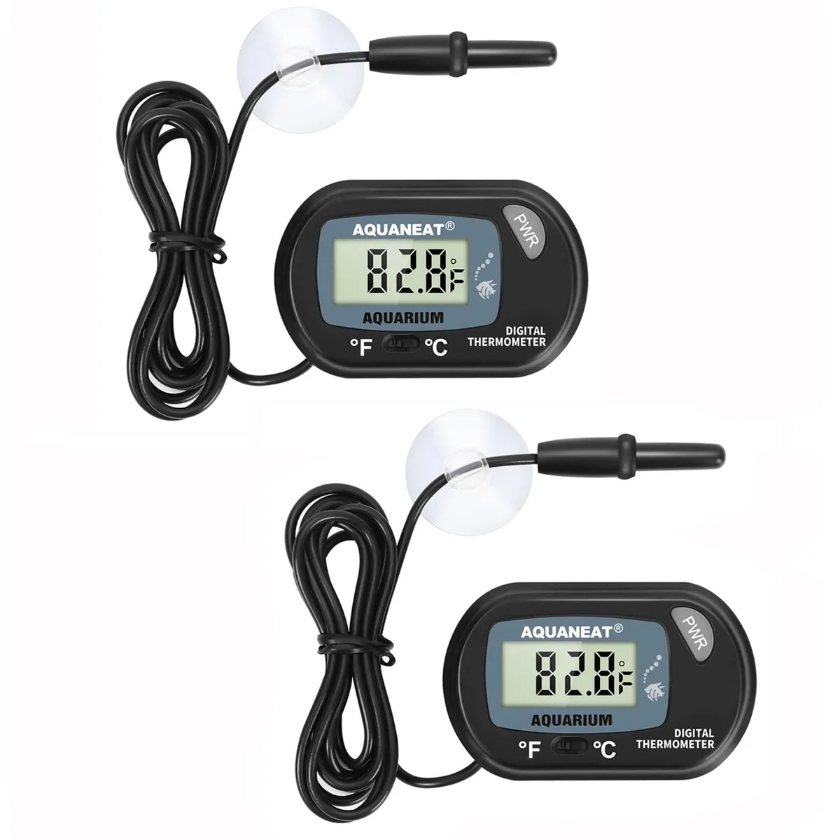 Two black digital aquarium thermometers with LCD screens and suction cup probes