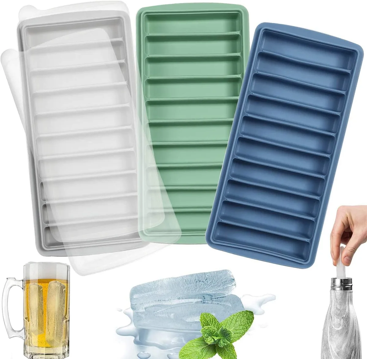 Three rectangular silicone ice-stick trays with lids, 30 narrow sticks total