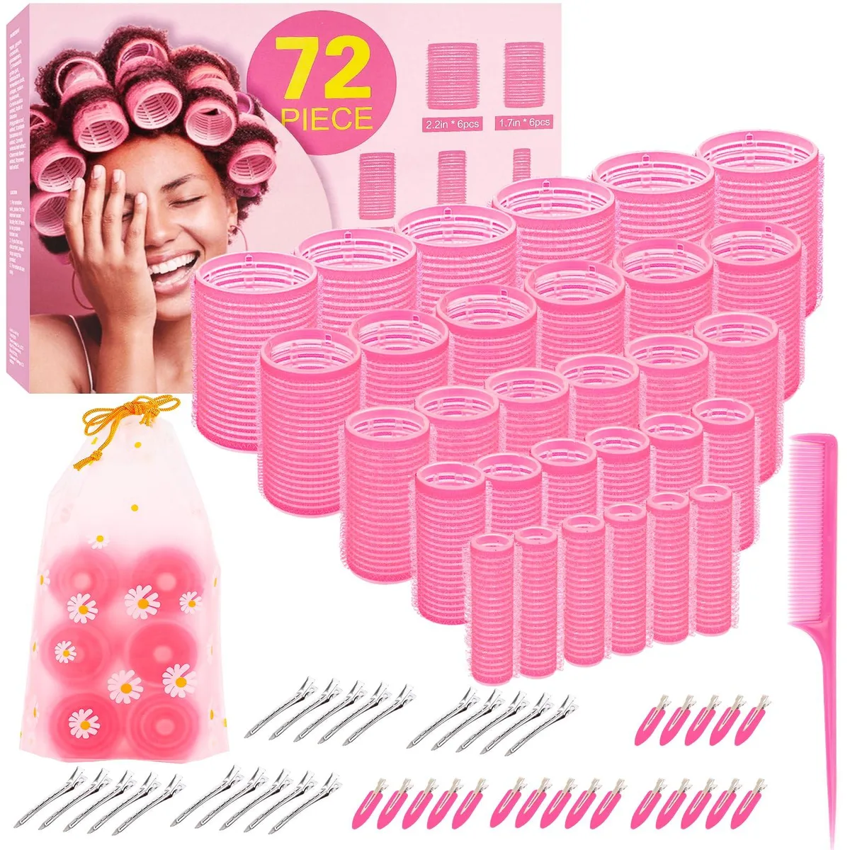  YHOVID 72-Piece Hair Roller Set — 5 Sizes, 30 Rollers, 40 Clips, Comb, Bag — product photo