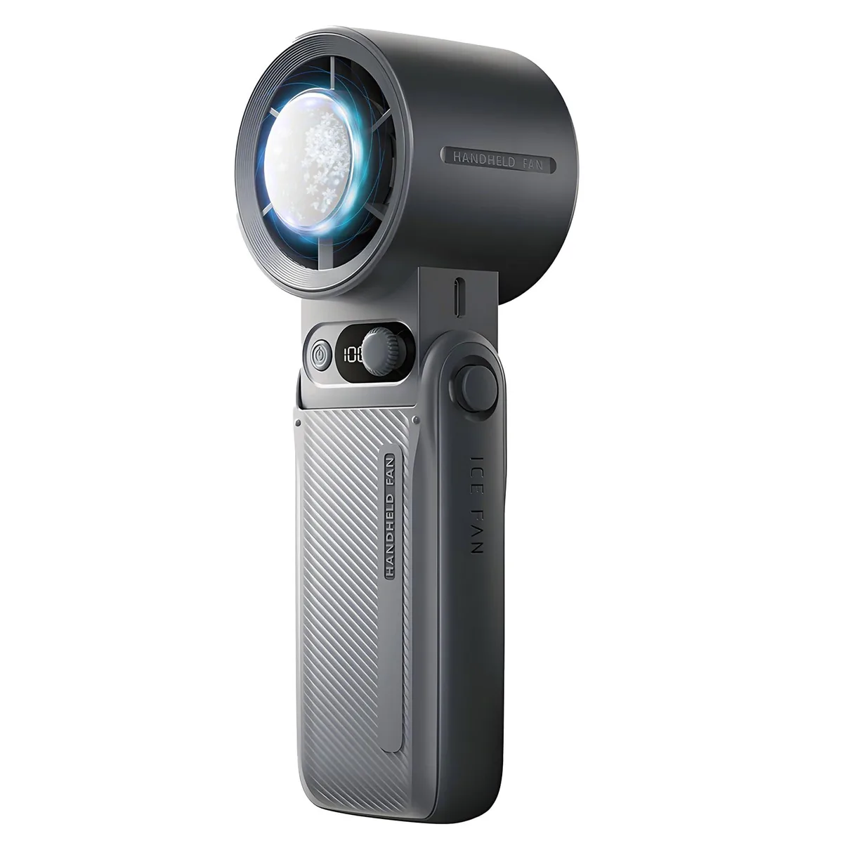 Silver metal handheld ice fan with cooling pad, foldable handle and lanyard attachment
