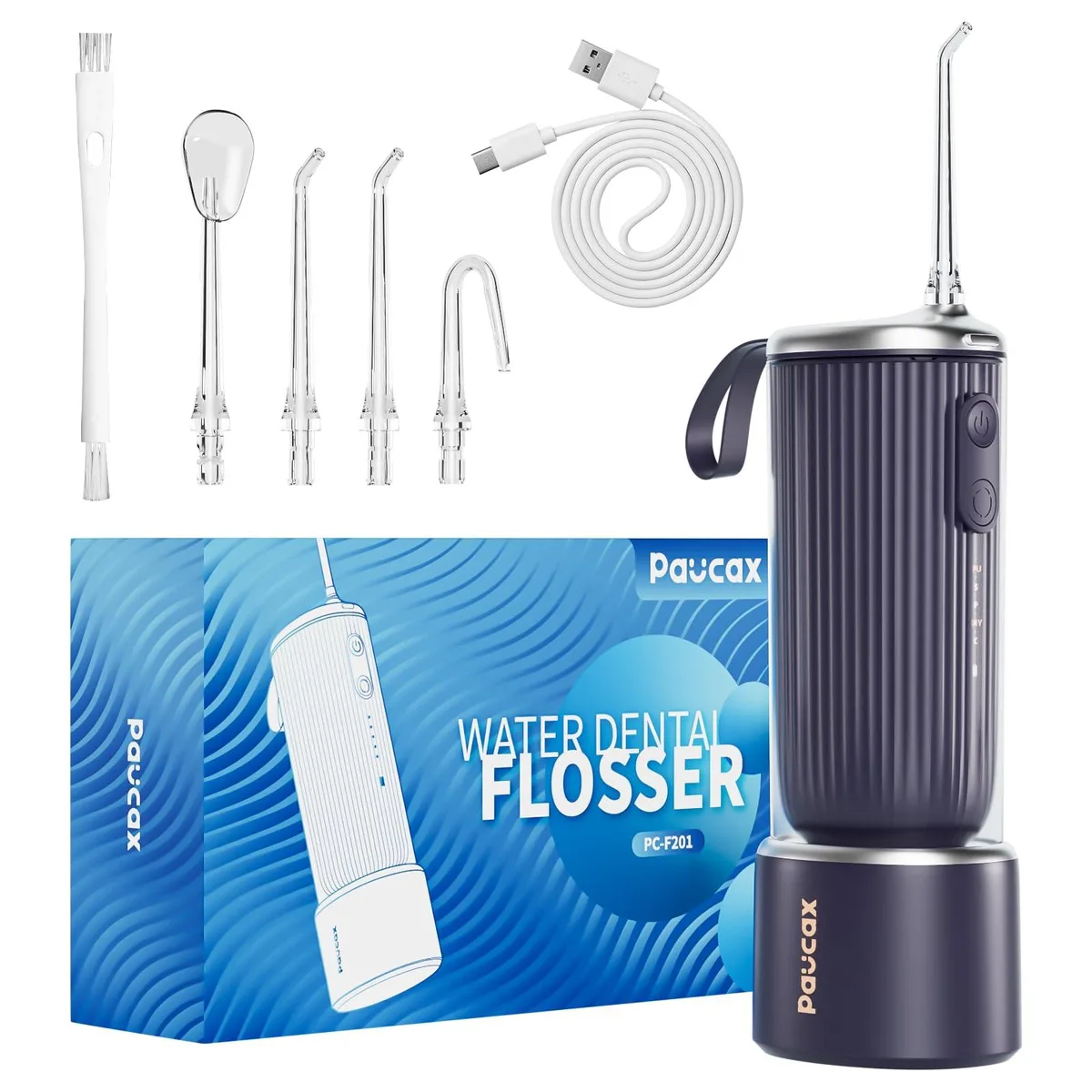 Blue cordless water flosser with 170 ml tank and four tips