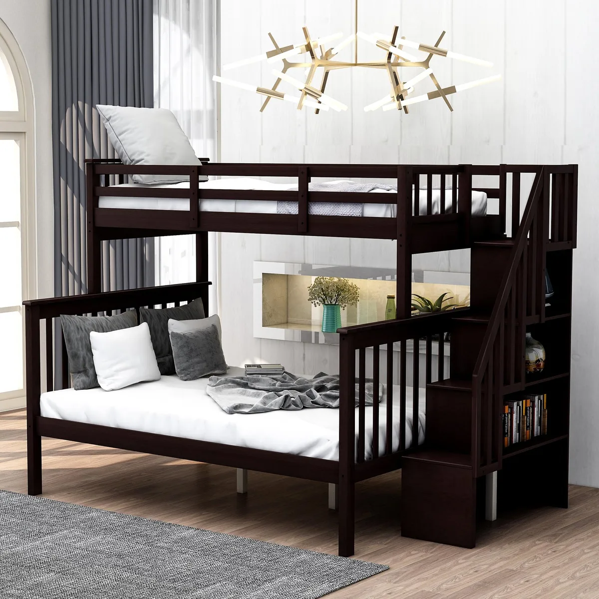 Espresso-finished solid wood twin-over-full bunk bed with storage stairs and guard rail