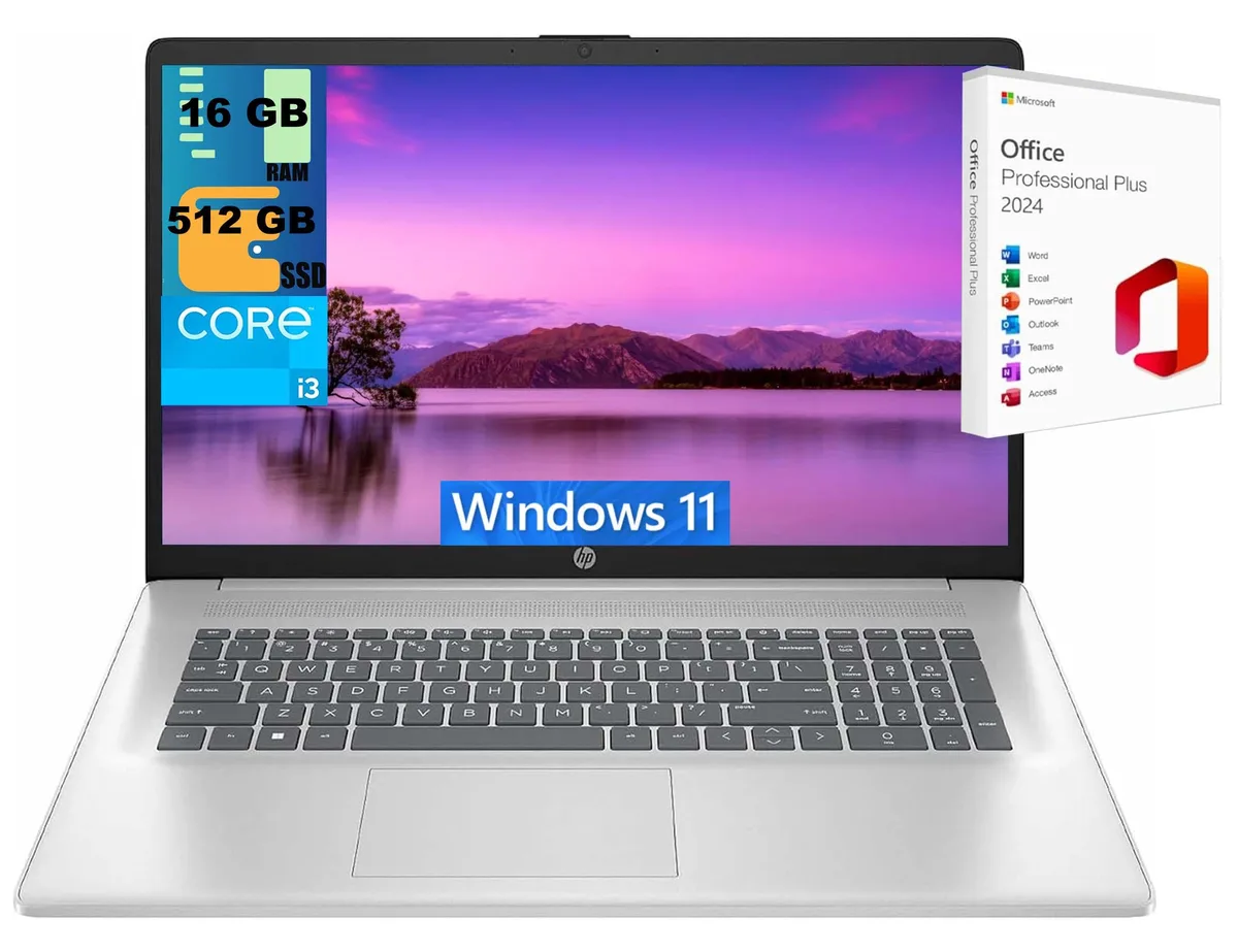 HP HP 17 laptop Intel Core i3-N305 17.3" HD+ 16GB DDR4 512GB PCIe SSD Windows 11 Office 2024 Silver — product photo