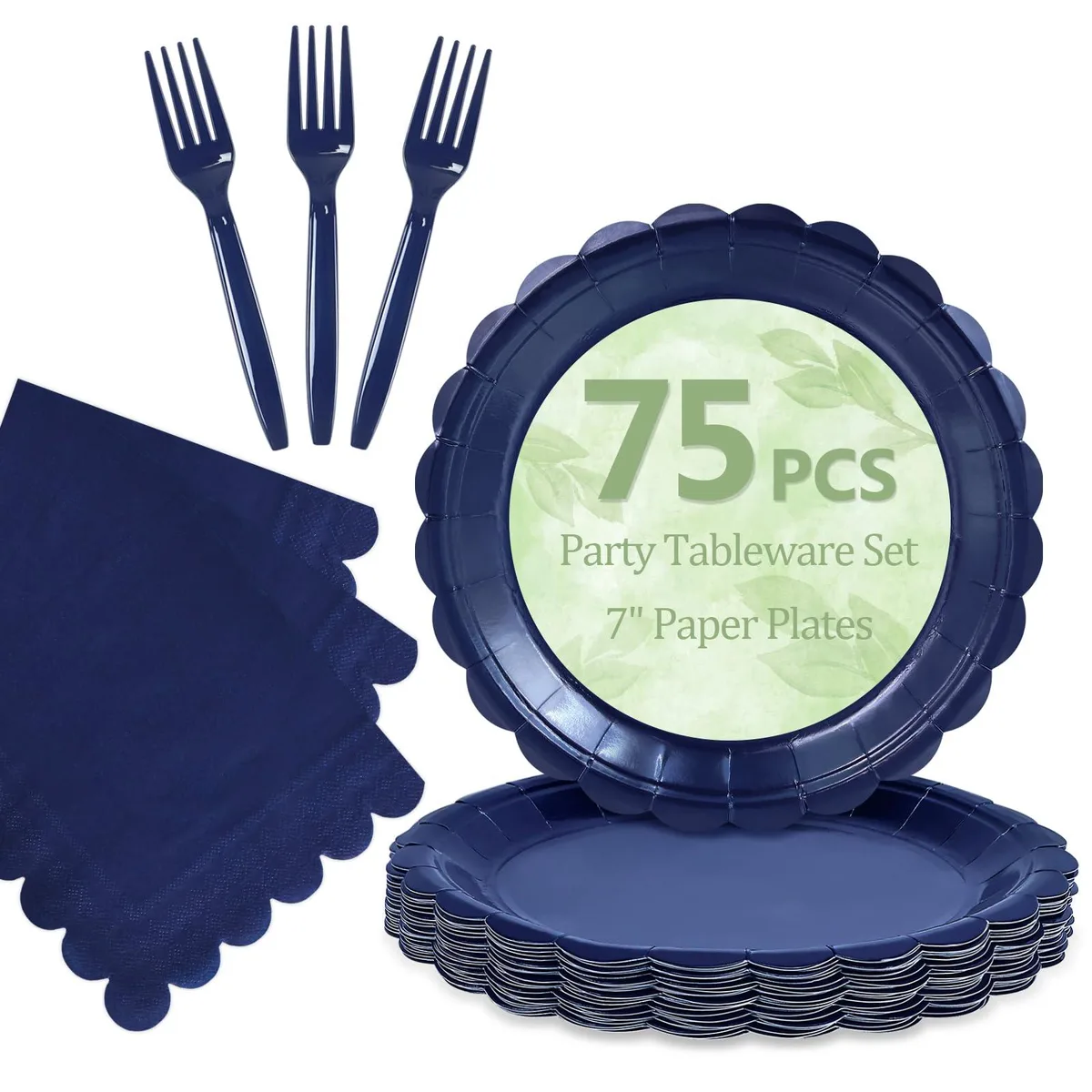 Navy blue disposable set: 25 scalloped plates, napkins, forks