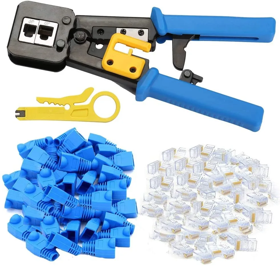 Blue crimp tool with yellow stripper and 50 connectors