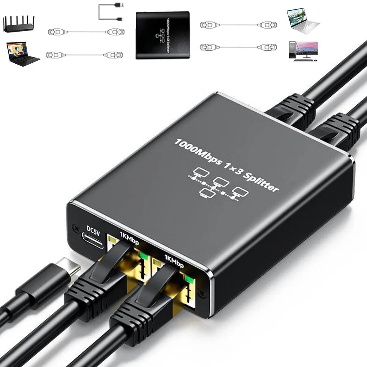 Vszerda Vszerda Gigabit Ethernet Splitter 1 to 3 1000Mbps RJ45 network connector — product photo