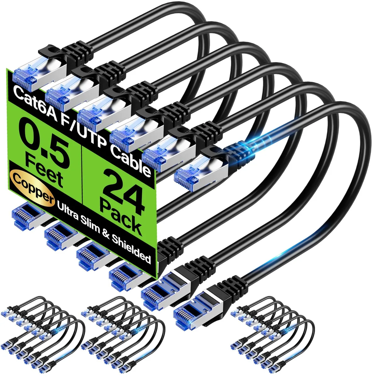TuokaJu Cat6A Shielded Ethernet Cable 0.5 ft 24 Pack 28AWG Black — product photo