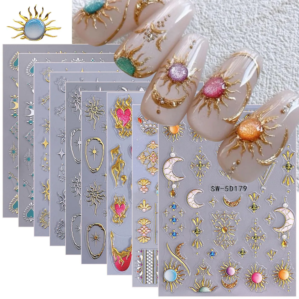 Nine sheets of self-adhesive nail stickers with 3D and 5D embossed moon star heart and flame designs in metallic colours on a white