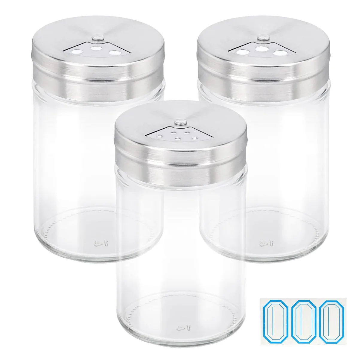 Three small clear glass spice jars with adjustable stainless steel shaker lids
