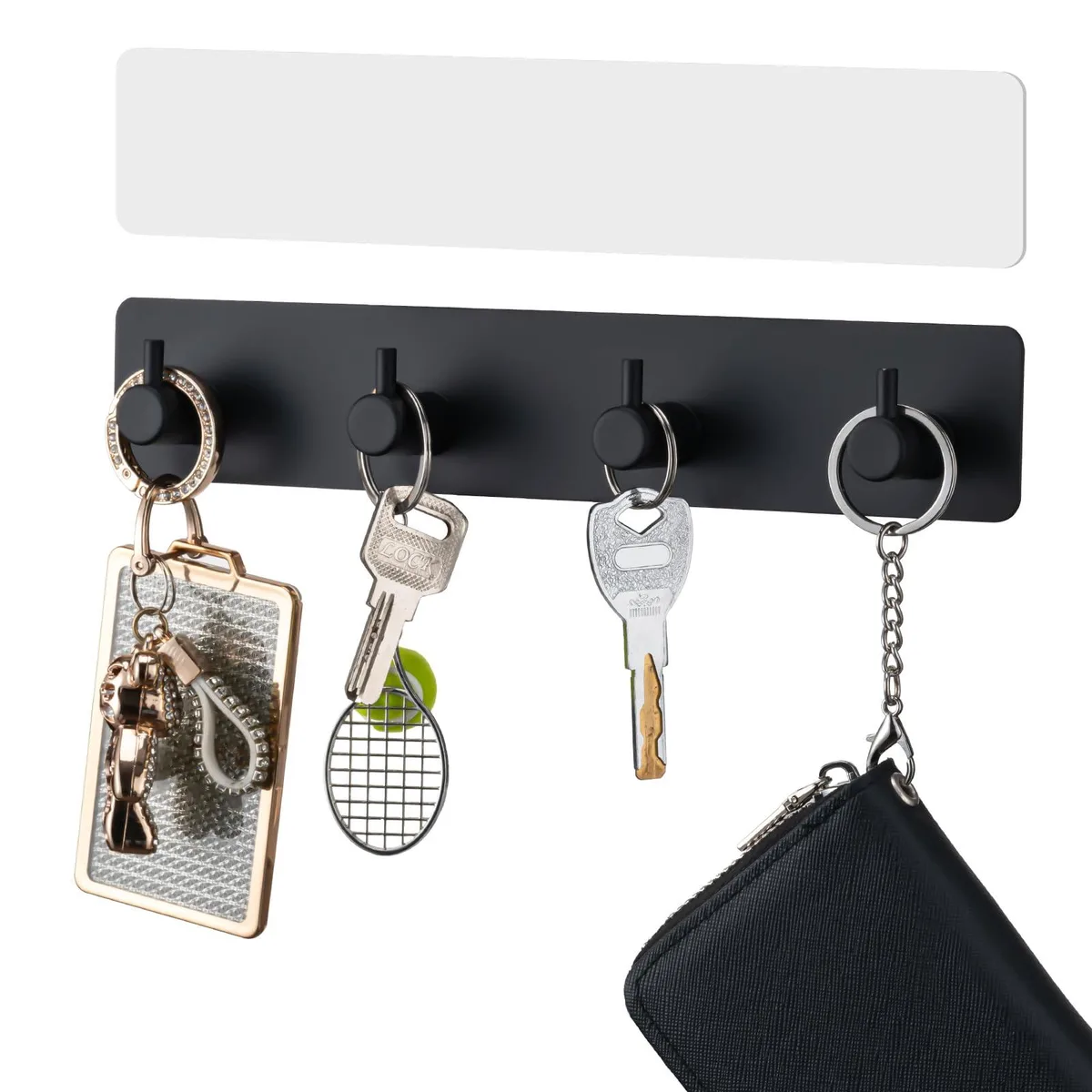 Black stainless steel key holder with four thick hooks and self-adhesive backing