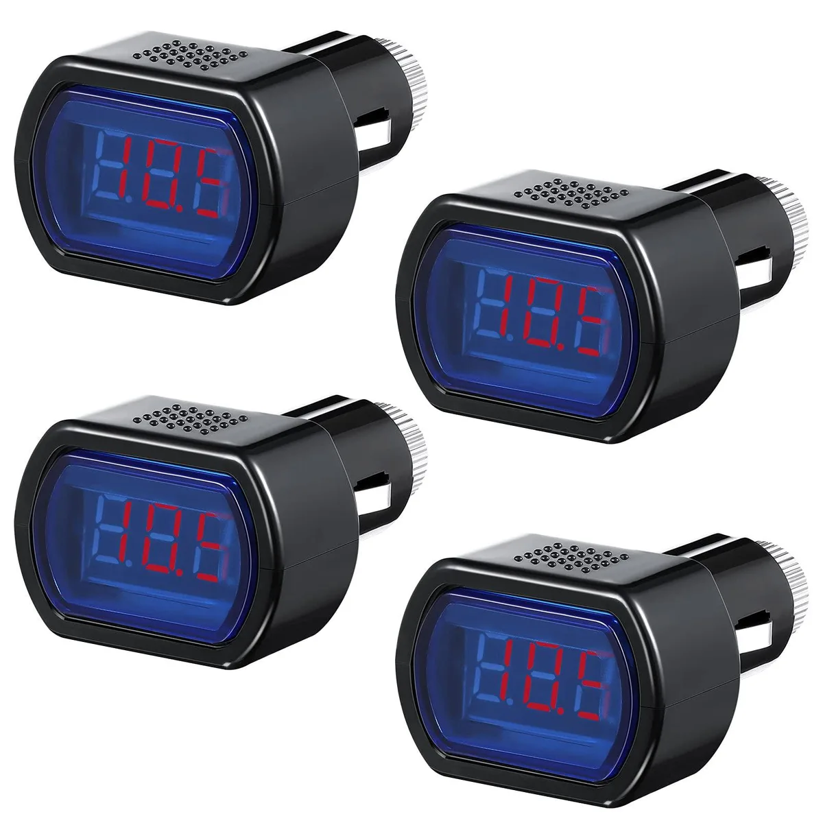 Four small rectangular digital voltmeters with red LED displays and cigarette lighter plugs