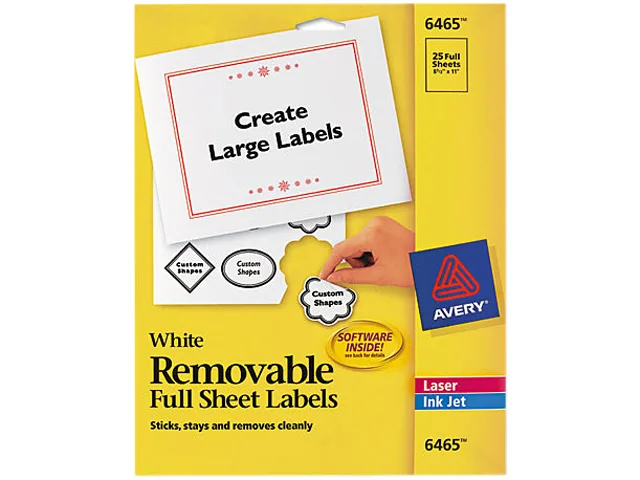 Pack of 25 white removable label sheets 6465
