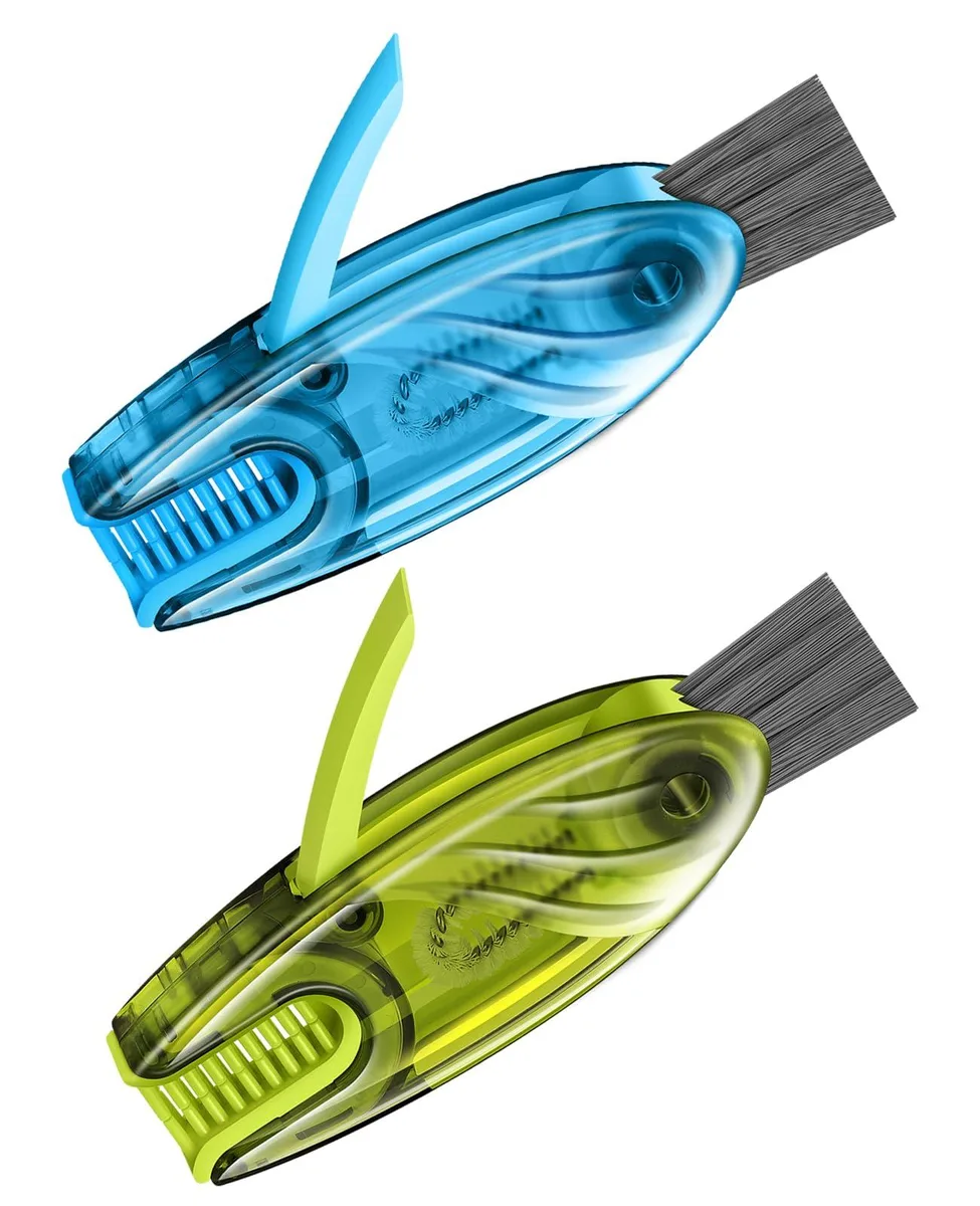 Two compact fish-shaped cleaning brushes with rotating heads, soft and stiff bristles, silicone U-brush and seal remover