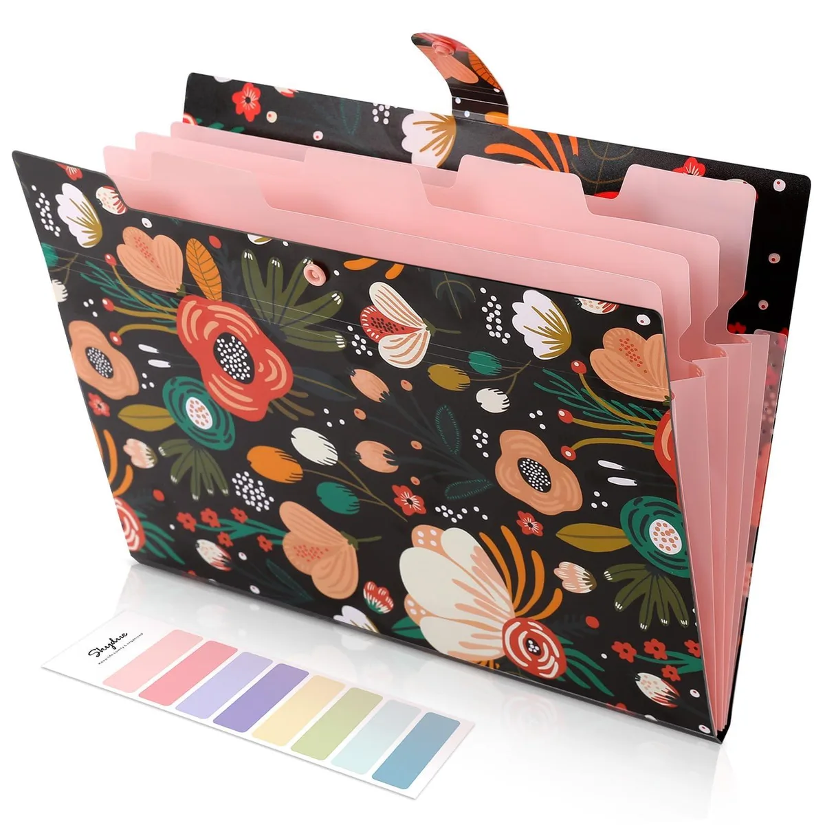 Black plastic expanding file folder with five pockets, accordion style, slim rectangular shape