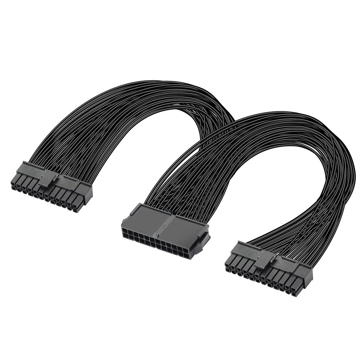 Black Y-splitter cable with 24-pin ATX male to dual female connectors, 32cm length