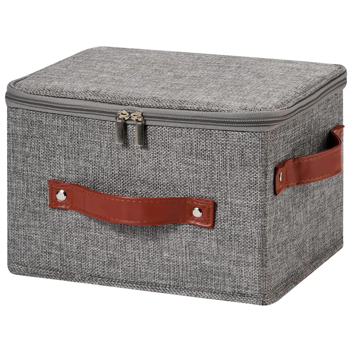 Gray fabric storage bin with zippered lid and leather handles