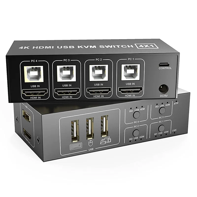 Compact black KVM switch box with front panel buttons, LED indicators, HDMI and USB ports