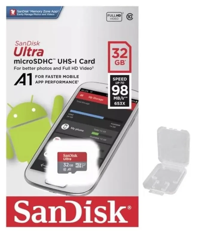 SanDisk SanDisk Ultra 32GB microSDHC 98MB/s Class 10 UHS-I U1 A1 653X with Memory Case — product photo