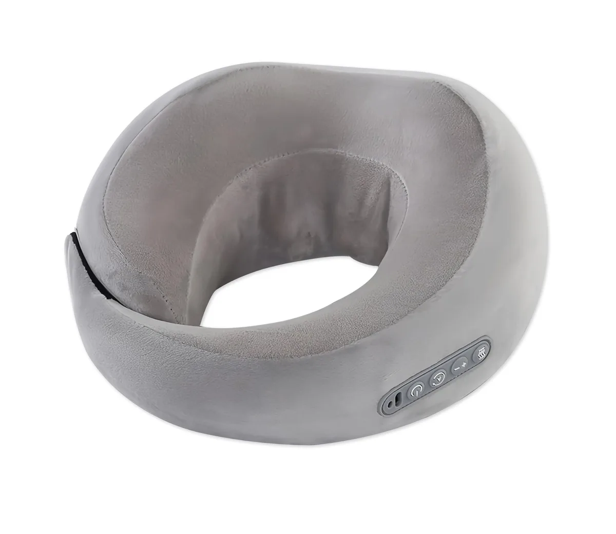 Grey U-shaped neck massager with fabric cover and Velcro strap