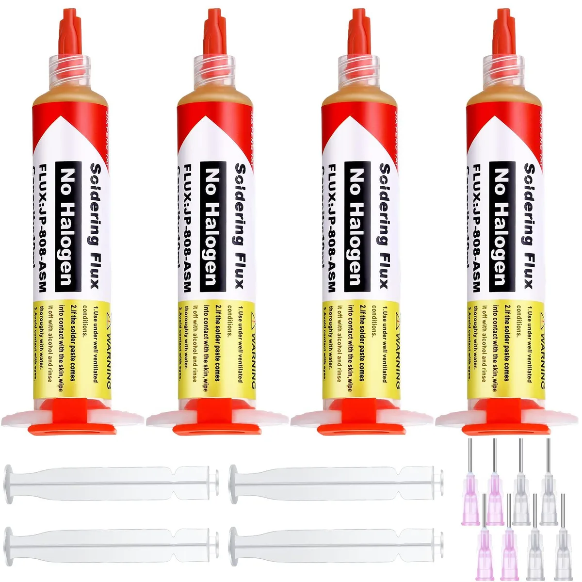 Four 10ml no-clean solder flux syringes with plungers and dispensing tips