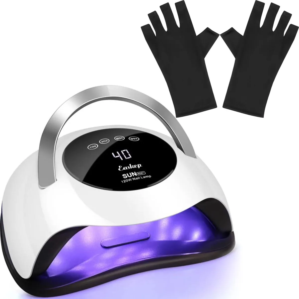 White plastic tabletop UV LED nail lamp with touch screen and protective gloves