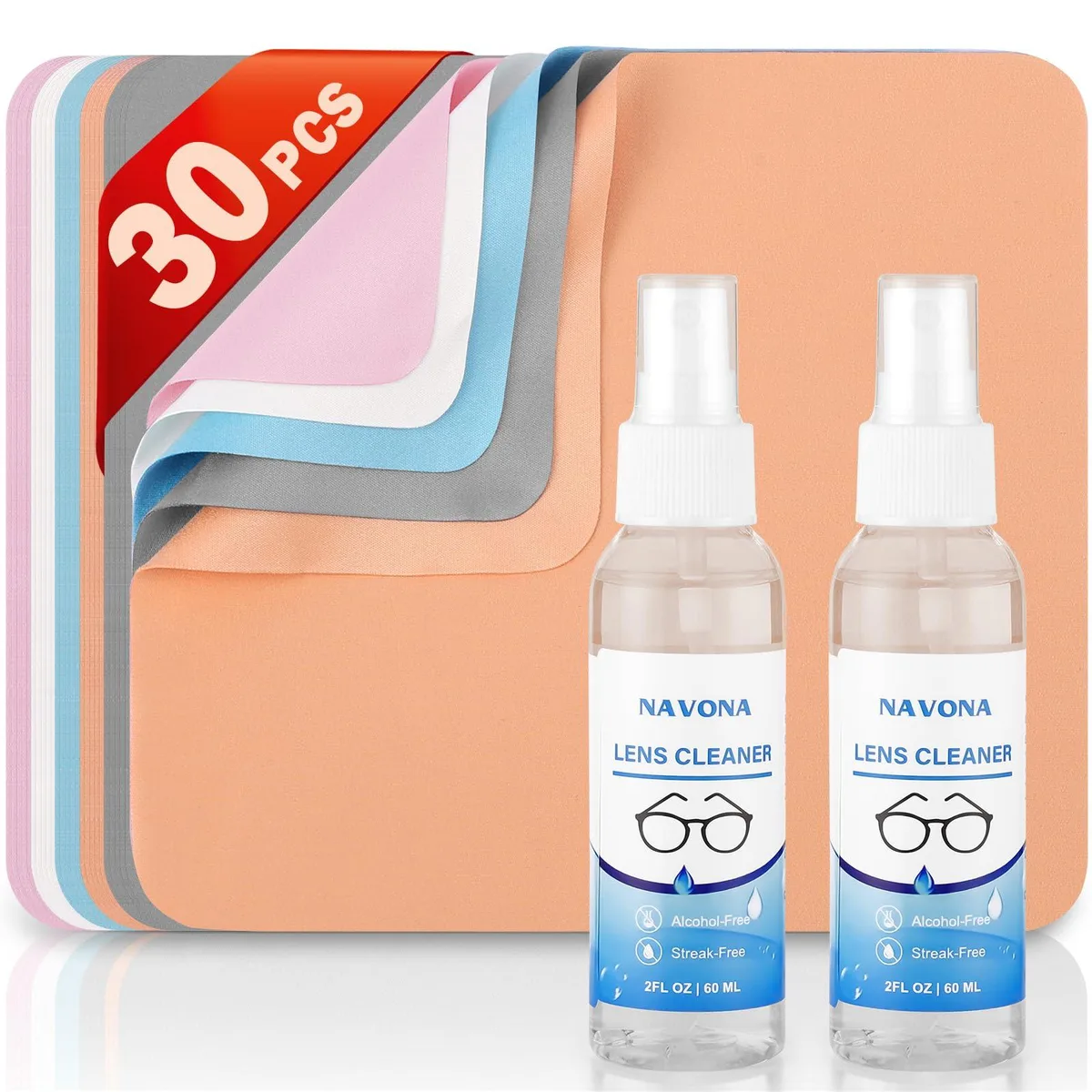  Navona 30 Pack Microfiber Glasses Cleaning Cloths with 2 Lens Cleaner Sprays — product photo