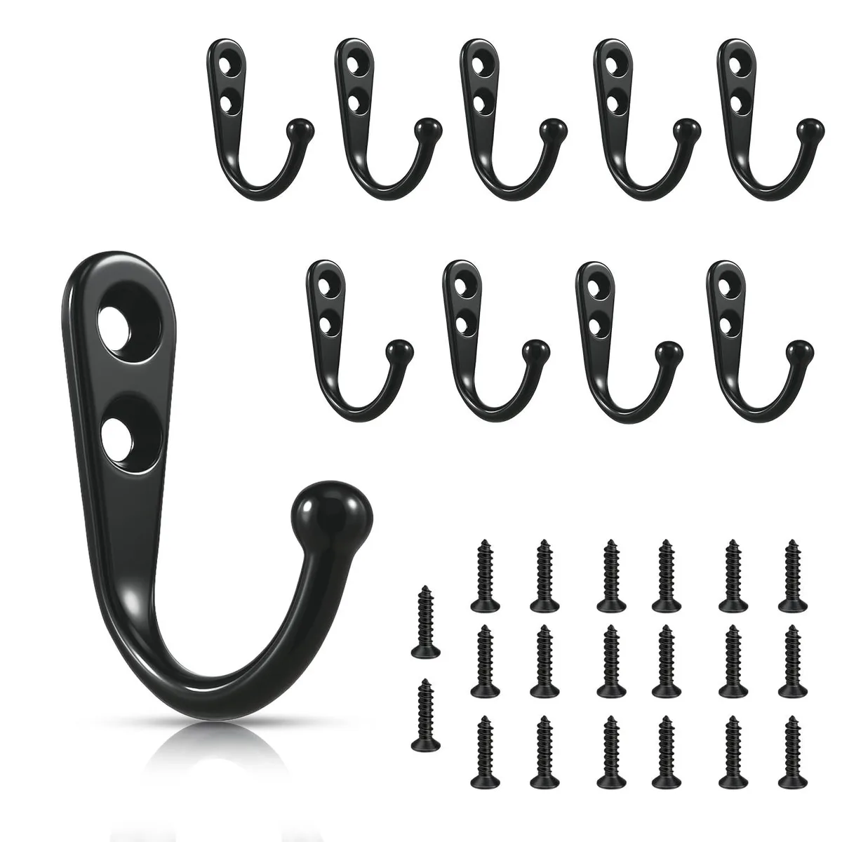 Ten black zinc-alloy coat hooks with twenty screws, electroplated matte finish