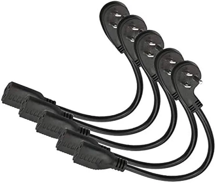 Five black right-angle flat-plug power adapters with three-prong connectors