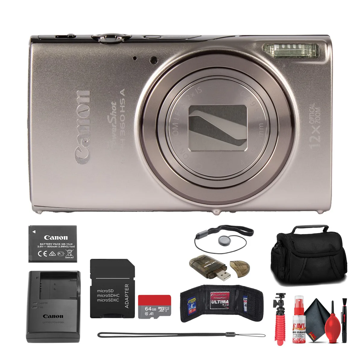 Canon Canon PowerShot ELPH 360 HS A 20.2MP compact camera silver 64GB card kit — product photo