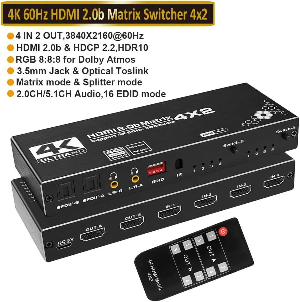 Vszerda Vszerda 4x2 HDMI Matrix Switch Video Switcher Splitter SPDIF 3.5mm Audio OZJ1 — product photo