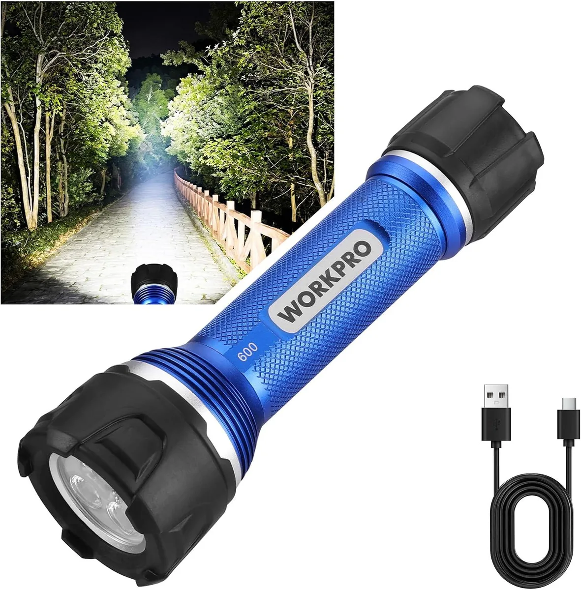 Compact aluminium flashlight with rubber-protected head, IPX7 waterproof, 600 lumen LED, three lighting modes