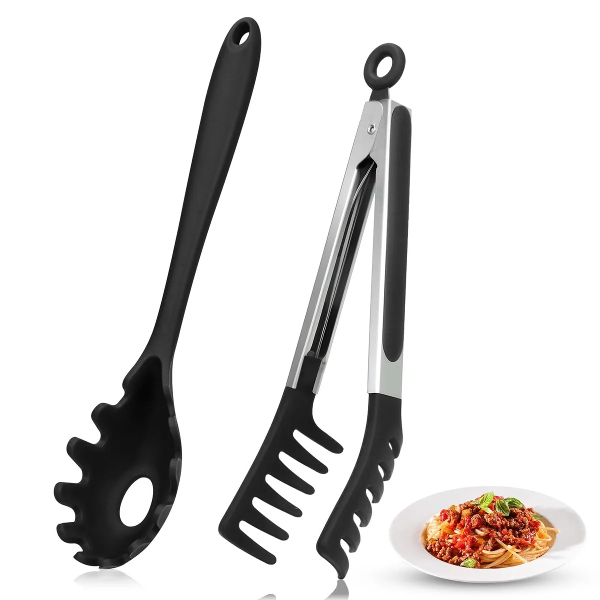 Red silicone spaghetti spoon and pasta tongs with hang holes