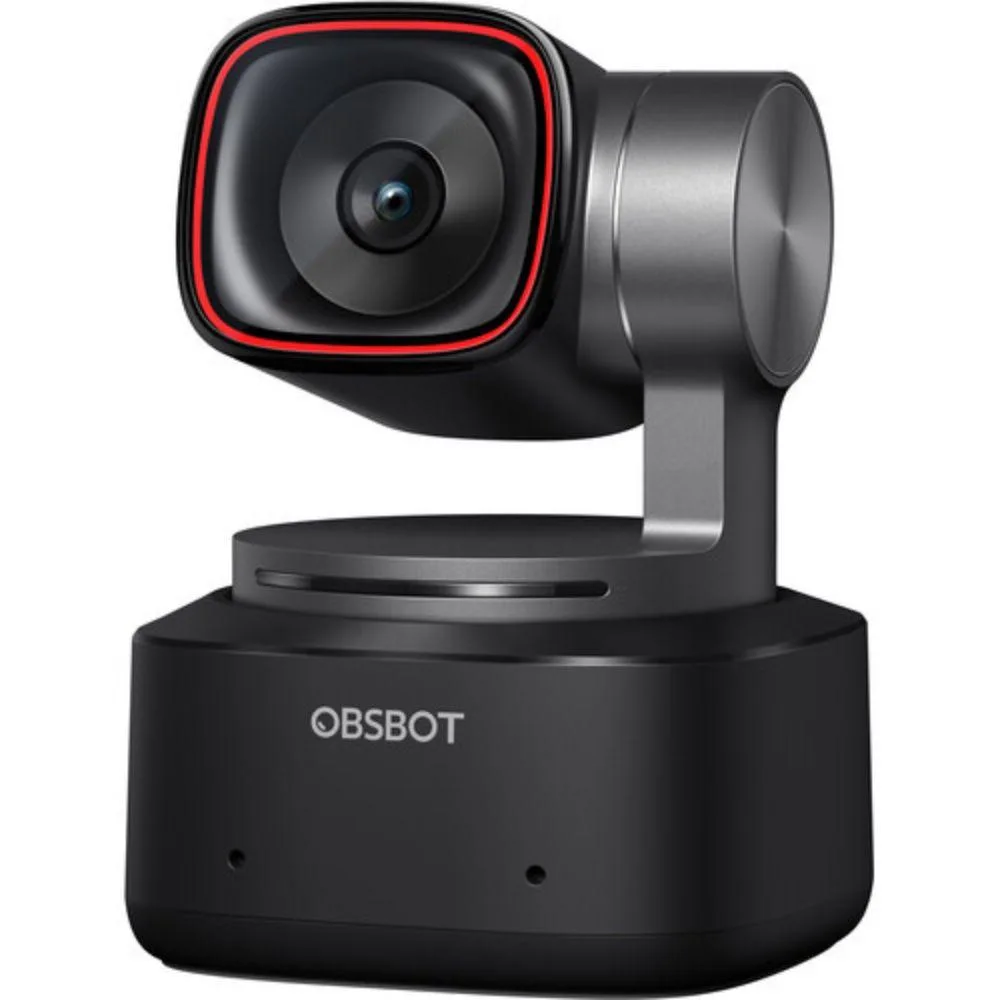 Compact 4K PTZ webcam on a small base, matte dark finish, USB-C cable attached