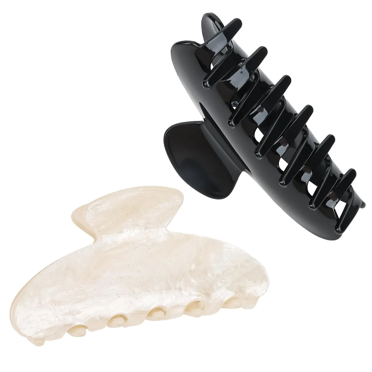 Two tortoise-shell acrylic claw clips with metal springs, each about 3.54 inches long