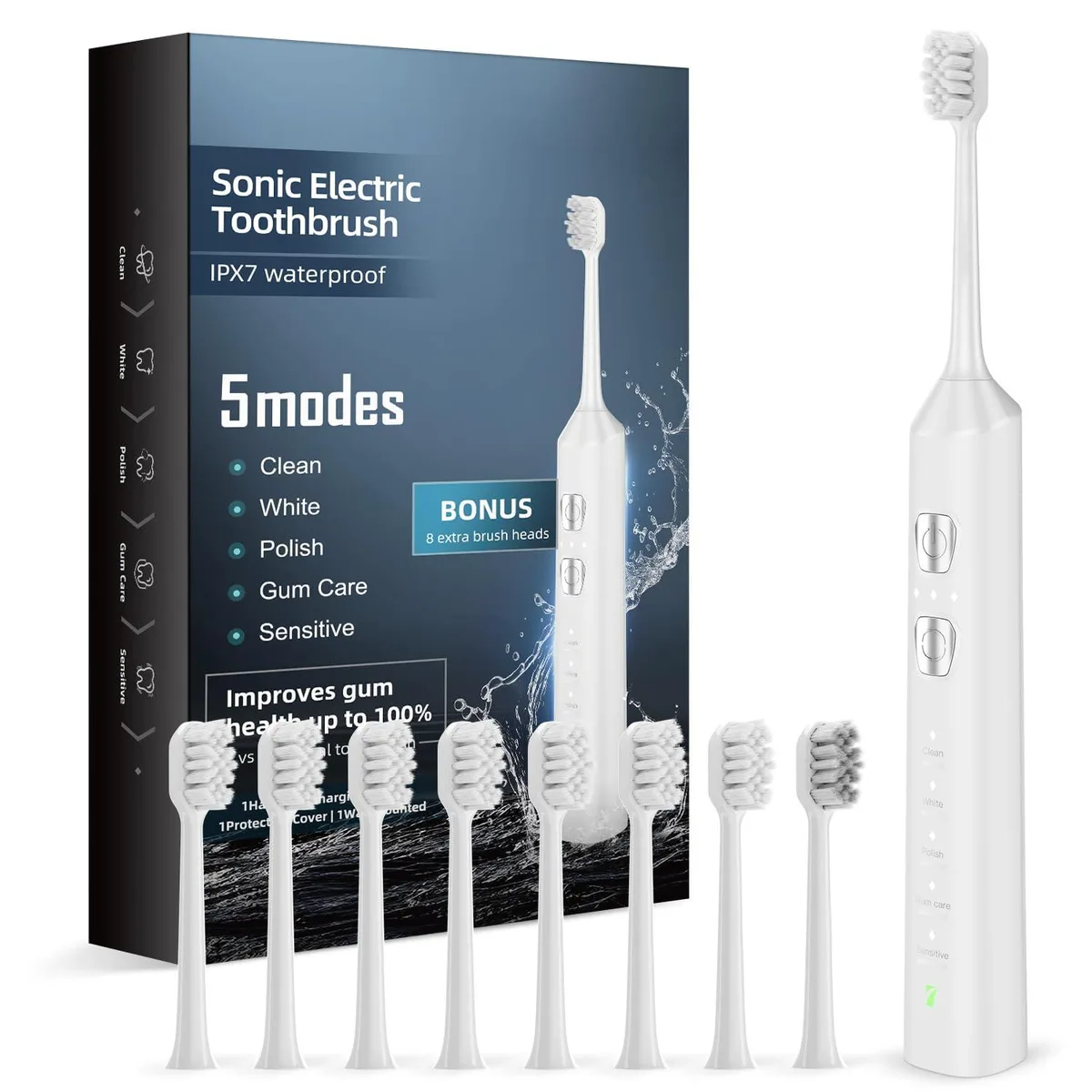 White sonic electric toothbrush handle with brush head attached, smooth glossy finish, lightweight design