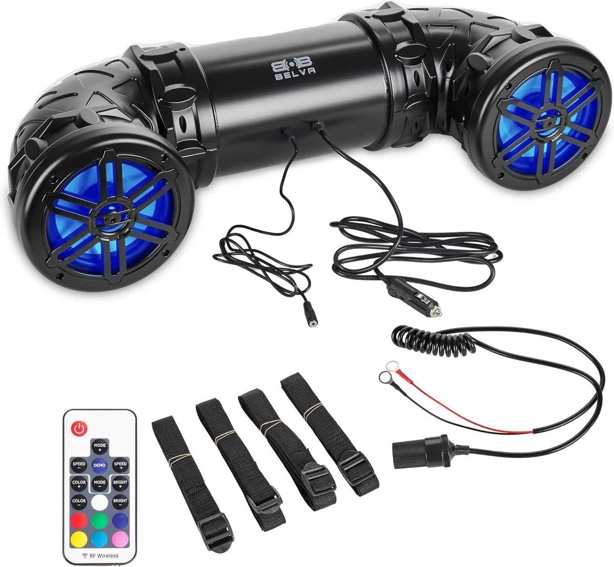Weatherproof dual 6.5-inch speaker box with tweeter, built-in amp, Bluetooth, LED lights, straps