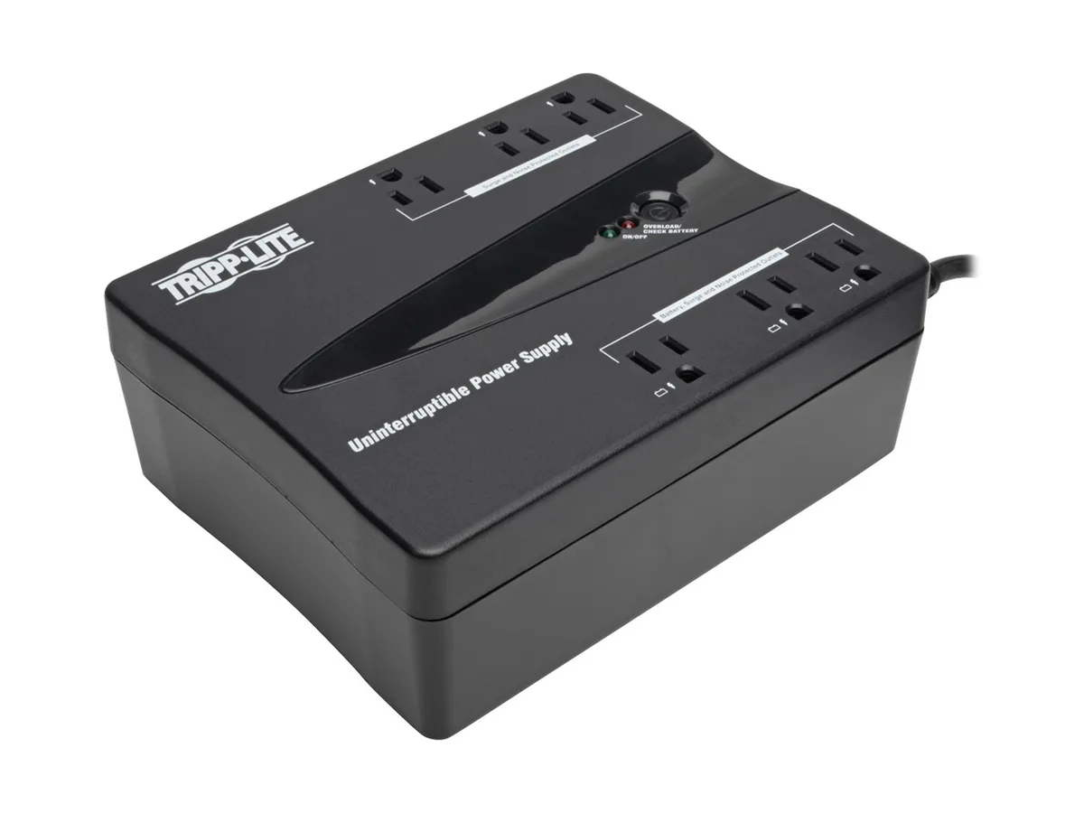 Compact black rectangular UPS unit with six outlets and right-angled plug